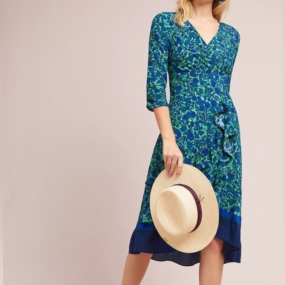 Anthropologie Maeve Blue & Green Prunella Floral Ruched Wrap Dress Sz. 0